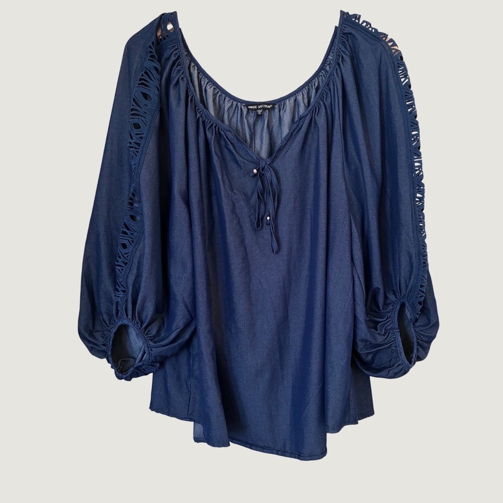 Unique Spectrum Blue Chambray Balloon Sleeve Cutout Peasant Blouse 3X Casual